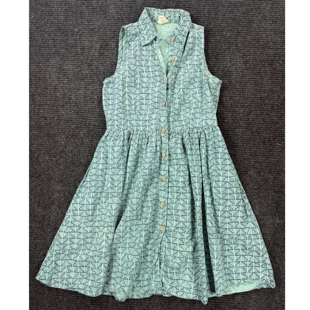 Mata Traders Mint Green Navy Geometric Cotton Sleeveless Button Front Dress XS